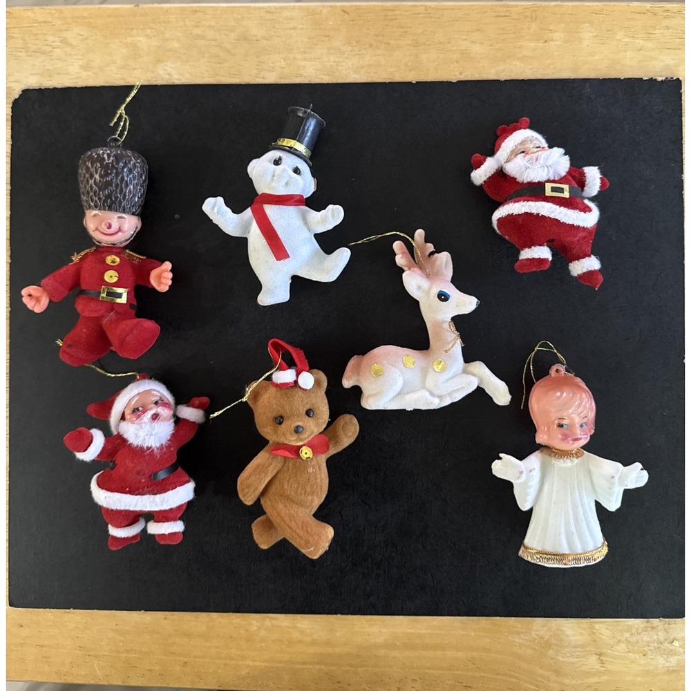 Lot 7 VTG Flocked Christmas Ornaments Santa Teddy Bear Reindeer Frosty Angel MCM